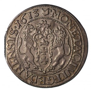 Zygmunt II Waza, ort 1613, Gdańsk, kropki przy krzyżu nad herbem miasta;