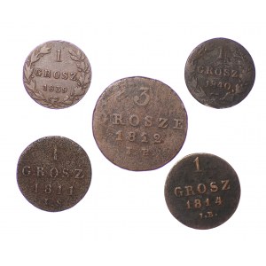zestaw, 5 sztuk (1 grosz 1811,1814, 1839, 1840 i 3 grosze 1812)