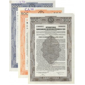 Zestaw (3 sztuki) - Międzynarodowa pożyczka federalna Republiki Austrii, 7 % na 1000,500,200 szylingów w złocie - 1930