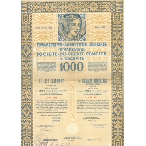 Towarzystwo Kredytowe Ziemskie, 6% list zastawny na 1000 franków francuskich, 15.01.1929, Warszawa