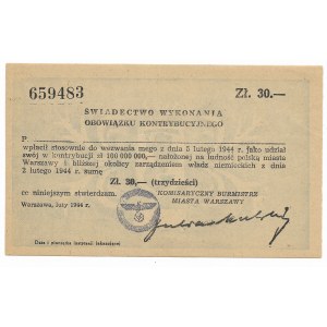 Świadectwo wykonania obowiązku kontrybucyjnego na 30 złotych, 1944 - pięknie zachowane