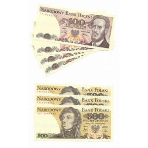 PRL set, 4 x 100 zloty (1988), 3 x 500 zloty (1982)