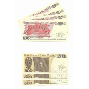 PRL set, 4 x 100 zloty (1988), 3 x 500 zloty (1982)