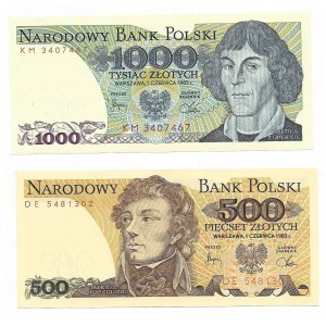 zestaw 2 sztuki , 500 złotych Seria DE i 1000 złotych Seria KM - 1982