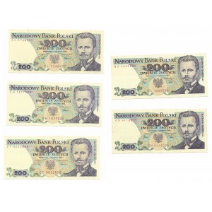 zestaw, 5 x 200 złotych (1982 Seria CM i BS / 1988 Seria EH, EF, EL)