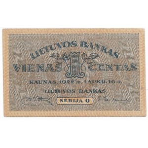 Litwa, 1 centas 1922, seria O - rzadki i piękny