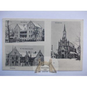 Żagań, Sagan, szpital, kościół, zimowa, 3 widoki ok. 1915