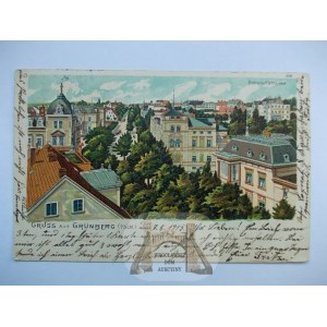 Zielona Góra, Grunberg, ulica Dworcowa, litografia ok. 1900