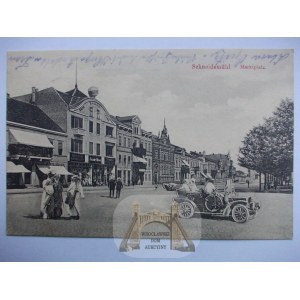 Piła, rynek, samochód, kolaż 1909