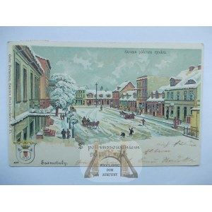 Szamotuły, rynek w śniegu, herb, litografia ok. 1900