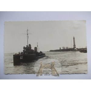Świnoujście, Swinemunde, okręt wojenny, latarnia, zdjęciowa ok. 1930