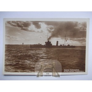 Świnoujście, Swinemunde, okręt wojenny na morzu ok. 1930