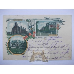 Żyrardów, 3 widoki, listonosz, ozdobna winieta 1901