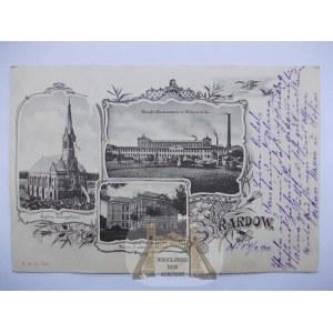 Żyrardów, 3 widoki, fabryka, kościół, ozdobna winieta 1901