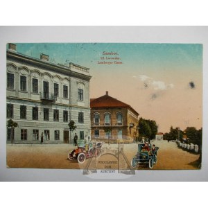 Sambor, ulica Lwowska, automobil - kolaż, 1917