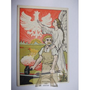 Pocztówka Patriotyczna, kowal, anioł, orzeł, wolność ok. 1915