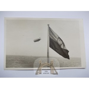 Pocztówka Patriotyczna, II RP, flaga, sterowiec, Zeppelin nad Bałtykiem ok. 1935