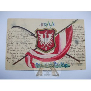 Pocztówka Patriotyczna, orzeł, flaga, kosa, ręcznie malowana 09.02.1915