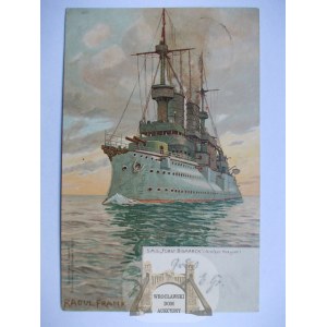 Okręt Wojenny, S.M.S. Furst Bismarck, litografia, 1902.