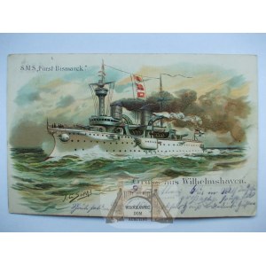 Okręt Wojenny, S.M.S. Furst Bismarck, tłoczona litografia, 1902.