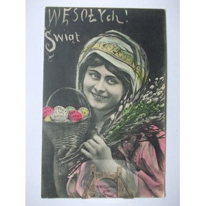 Pocztówka Świąteczna, Wesołych Świąt, kobieta, wyd. Salon Malarzy Polskich 1909
