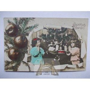 Pocztówka Świąteczna, Wesołych Świąt, dzieci, zabawki 1907