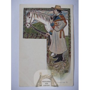 Gospodarz z koniem, mal. W. Wachtel, secesja, Judaika, wyd. Altenberg, Lwów, ok. 1902