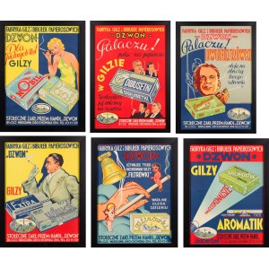 Zestaw 6 plakatów Fabryki Gilz i Bibułek Dzwon z lat 30. XX w.