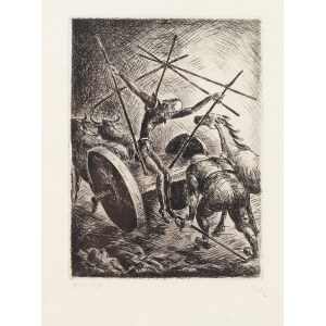 Władysław Jahl (1886 Jarosław - 1953 Paryż), Don Kichot wśród pikinierów z teki Don Quichotte, 1951