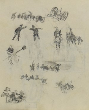 Stanisław KAMOCKI (1875-1944), Szkice sylwetek żołnierzy rosyjskich(?), taboru artylerii, szkice potyczki, fragmentu lasu 1894(?)