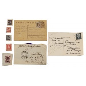 Zestaw: dwie pocztówki, koperta i 5 znaczków pocztowych z okresu międzywojennego