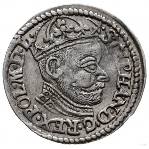 trojak 1582, Olkusz; duża głowa króla, na awersie STEPH...