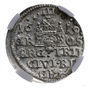 trojak 1619, Ryga; mała głowa króla, gwiazdki przy nomi...