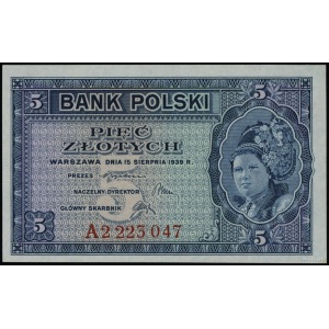 5 złotych 15.08.1939, seria A, numeracja 2223047; Lucow...