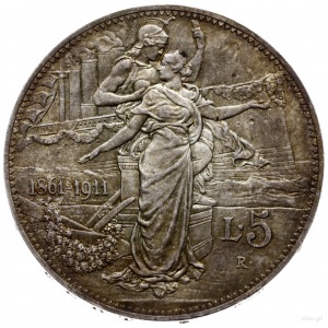 5 lirów 1911, wybite z okazji 50-lecia królestwa; Pagan...