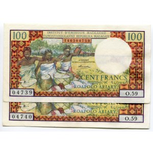 Madagascar 2 x 100 Francs / 20 Ariary 1970 - 1973 (ND) With Consecutive Number