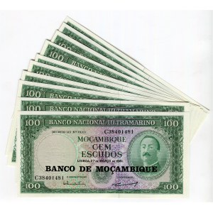 Mozambique 10 x 100 Escudos 1961 (1976) With Consecutive Numbers