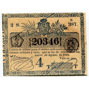 Cuba Lottery Ticket 1 Peso 1844