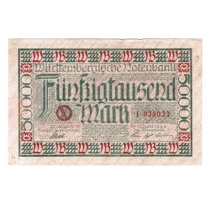 German States Wurttemberg Bank 50000 Mark 1923 Stuttgart