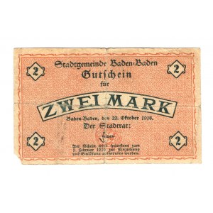 Germany - Empire Baden-Baden 2 Mark 1918
