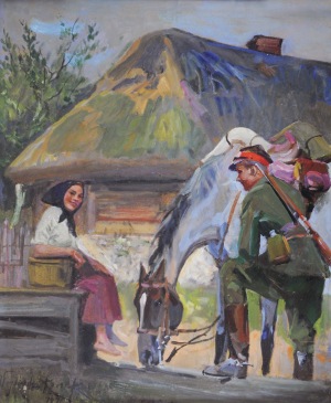 Wojciech Kossak (1856-1942), Ułan z dziewczyną przy studni, [1941]