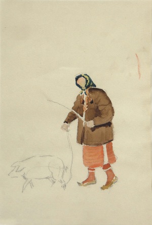 Karol Kossak (1896-1975), Hucułka prowadząca świnię, [1922]