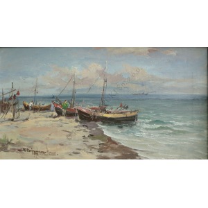 Eugeniusz Dzierzencki (1905-1990), Fishing boats by the shore (1976)