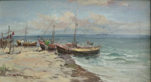 Eugeniusz Dzierzencki (1905-1990), Łodzie rybackie przy brzegu (1976)