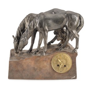 Zegar kominkowy z figurami koni, Friederich Goldscheider, Wiedeń, l. 1892-1938