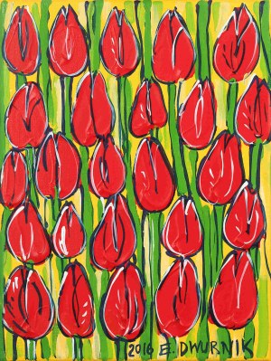 Edward Dwurnik, Czerwone tulipany na żółtym tle, 2016