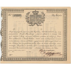 Certyfikat Pożyczki POSIŁKI POLSKIE 600 złotych 1831