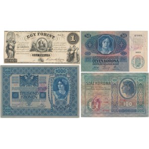 Österreich/Ungarn, 50-1.000 Kronen & 1 Forint - 4 Stücke