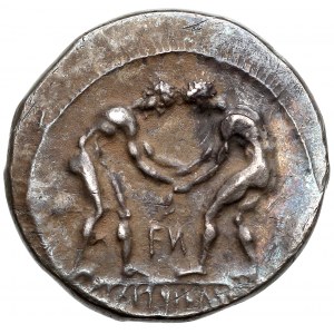 Pamphylia, Aspendos, AR Stater (370-333 BC) two wrestlers grappling / slinger with triskeles in field