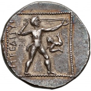 Pamphylia, Aspendos, AR Stater (370-333 BC) two wrestlers grappling / slinger with triskeles in field